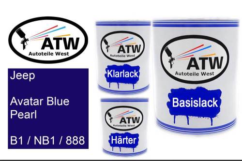 Jeep, Avatar Blue Pearl, B1 / NB1 / 888: 1L Lackdose + 1L Klarlack + 500ml Härter - Set, von ATW Autoteile West.